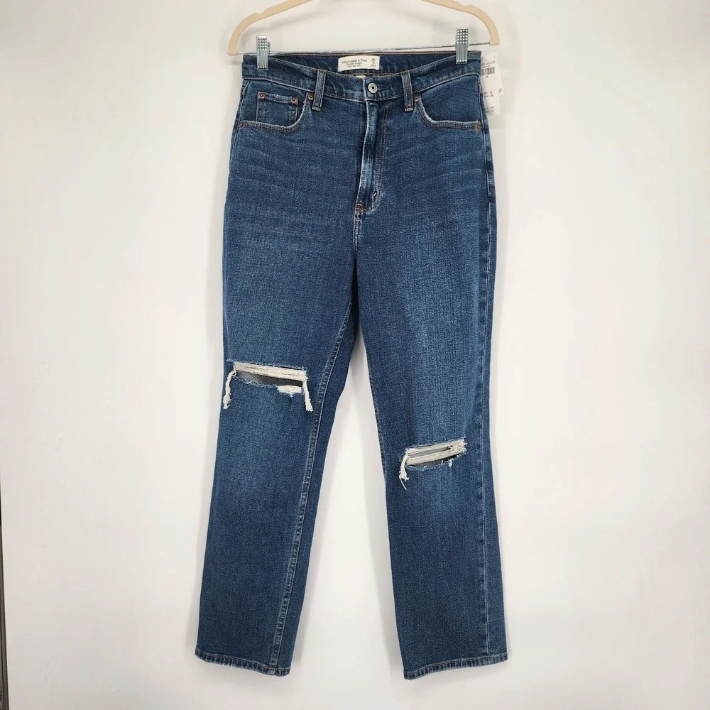A&F NWT Curve Love Ankle Straight Jeans Size 6R Retro Grunge Casual Blue Comfort